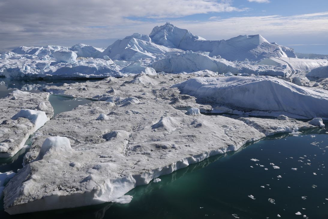 Melting icebergs crowd the Ilulissat Icefjord on July 15, 2024 near Ilulissat, Greenland.