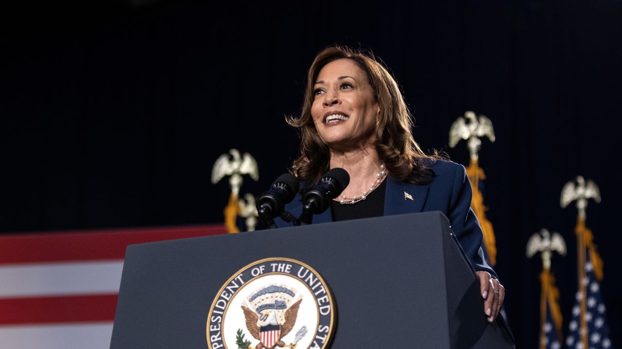 WEST ALLIS, WISCONSIN - JULY 23: Democratic presidential candidate, U.S. Vice President Kamala Harris speaks to ers during a campaign rally at West Allis Central High School on July 23, 2024 in West Allis, Wisconsin. Harris made her first campaign appearance as the party's presidential candidate, with an endorsement from President Biden. (Photo by Jim Vondruska/Getty Images)