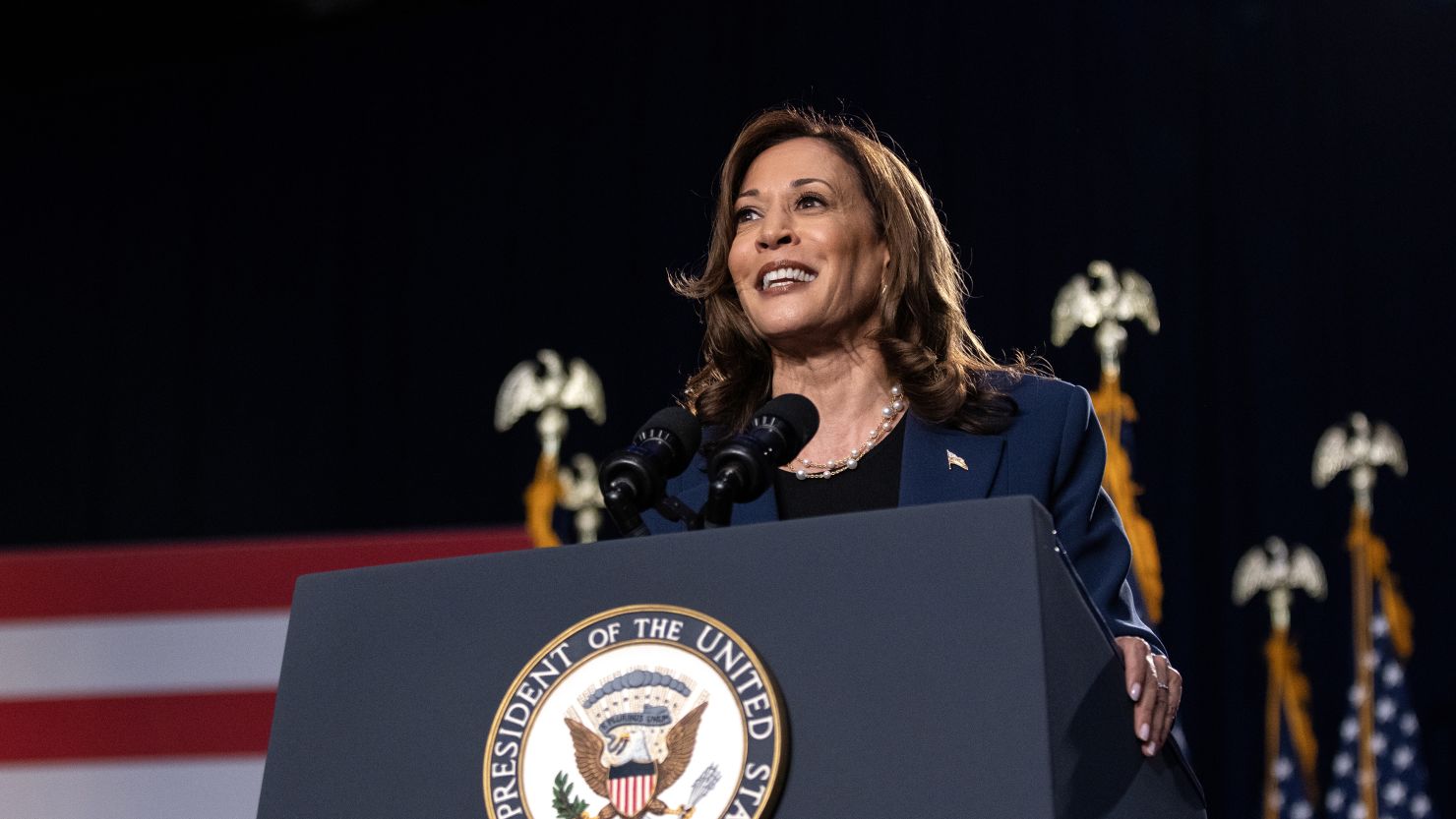 Vice President Kamala Harris speaks to supporters during a campaign rally at West Allis Central High School on July 23, 2024, in West Allis, Wisconsin.