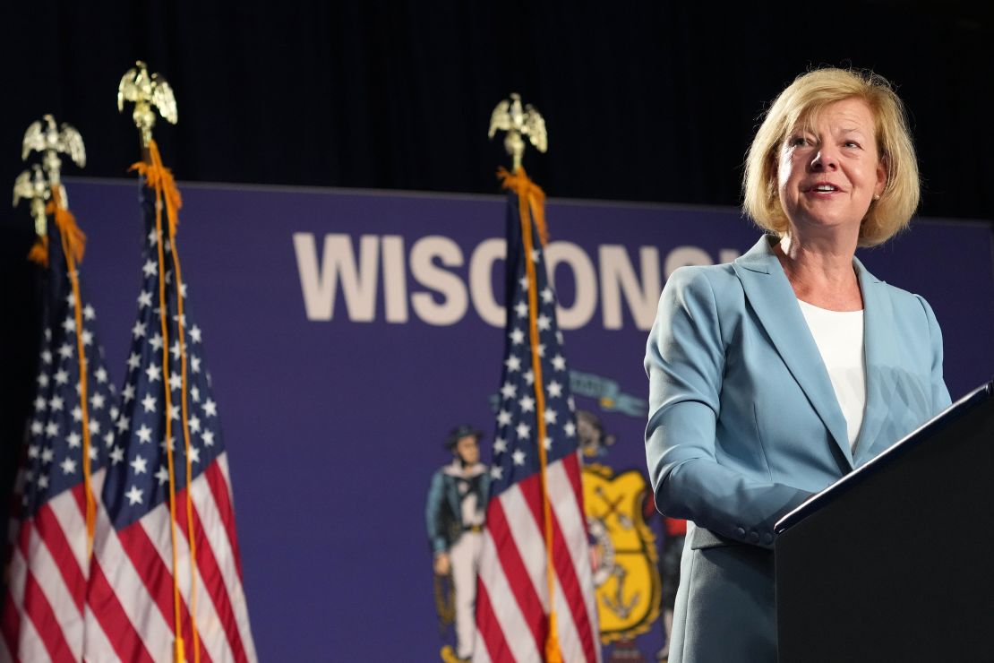 Senator Tammy Baldwin, a Democrat from Wisconsin, during a campaign event with US Vice President Kamala Harris, not pictured, in Milwaukee, Wisconsin, US, on Tuesday, July 23, 2024. Harris, thrust suddenly into the fray after Joe Biden announced Sunday that he wouldn't seek reelection, has spent the last two days clearing the field of other potential contenders and securing the endorsement of nearly every major Democrat. Photographer: Daniel Steinle/Bloomberg via Getty Images