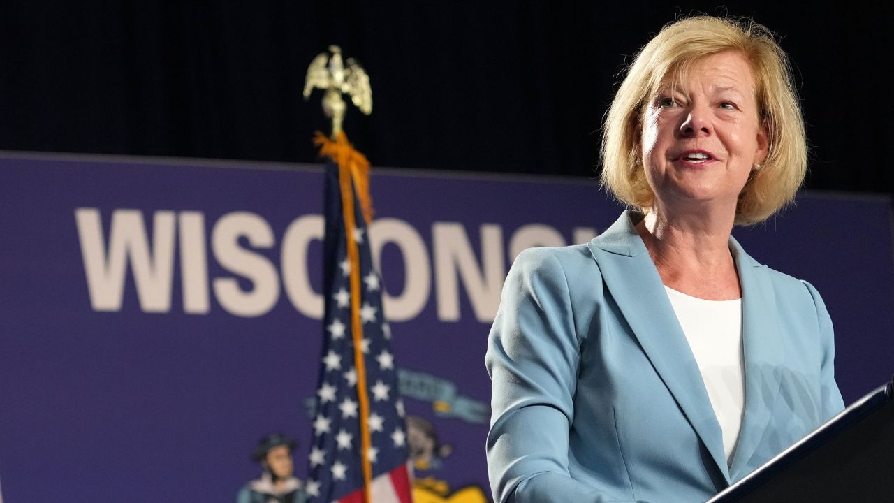 Senator Tammy Baldwin, a Democrat from Wisconsin, during a campaign event with US Vice President Kamala Harris, not pictured, in Milwaukee, Wisconsin, US, on Tuesday, July 23, 2024.