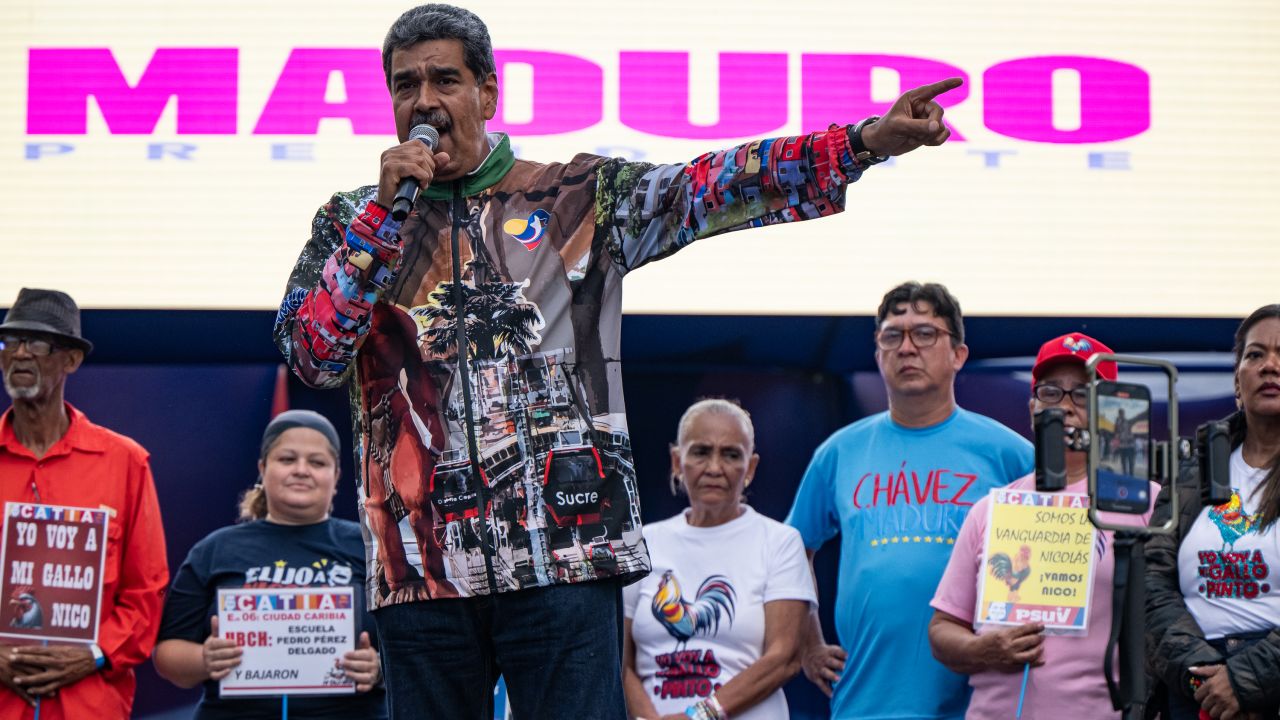 CARACAS, VENEZUELA - JULY 18: President of Venezuela Nicolas Maduro speaks during a mass gathering convene by supporters on July 18, 2024 in Caracas, Venezuela. Venezuela will hold the presidential election on July 28 where the incumbent Nicolas Maduro seeks the re-election for second time against opposition candidate Edmundo Gonzalez Urrutia for the Plataforma Unitaria coalition. (Photo by Alfredo Lasry/Getty Images)