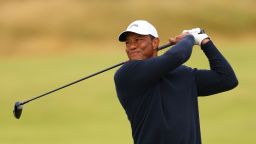 Tiger Woods plays a shot during The 152nd Open Championship at Royal Troon in Troon, Scotland, on July 19, 2024.