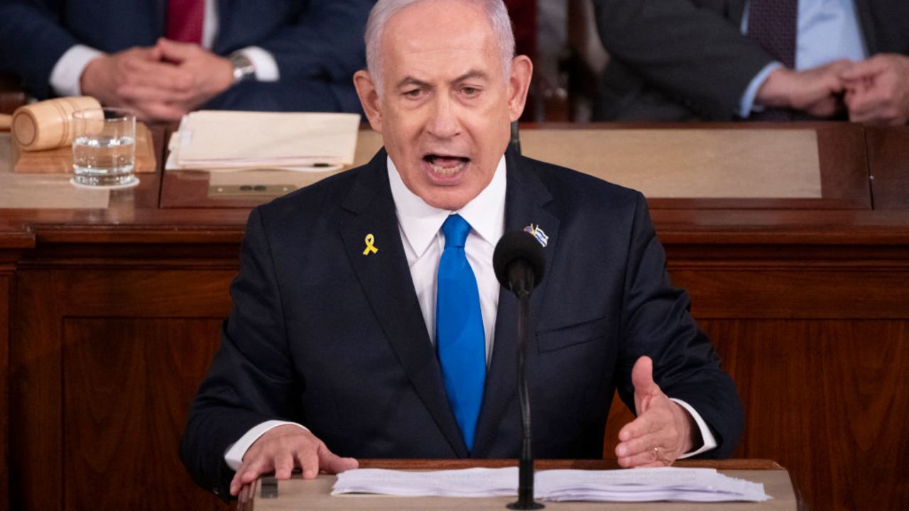 Israeli Prime Minister Benjamin Netanyahu speaks to a joint meeting of Congress at the US Capitol on July 24, 2024, in Washington, DC. (Photo by ROBERTO SCHMIDT / AFP) (Photo by ROBERTO SCHMIDT/AFP via Getty Images)