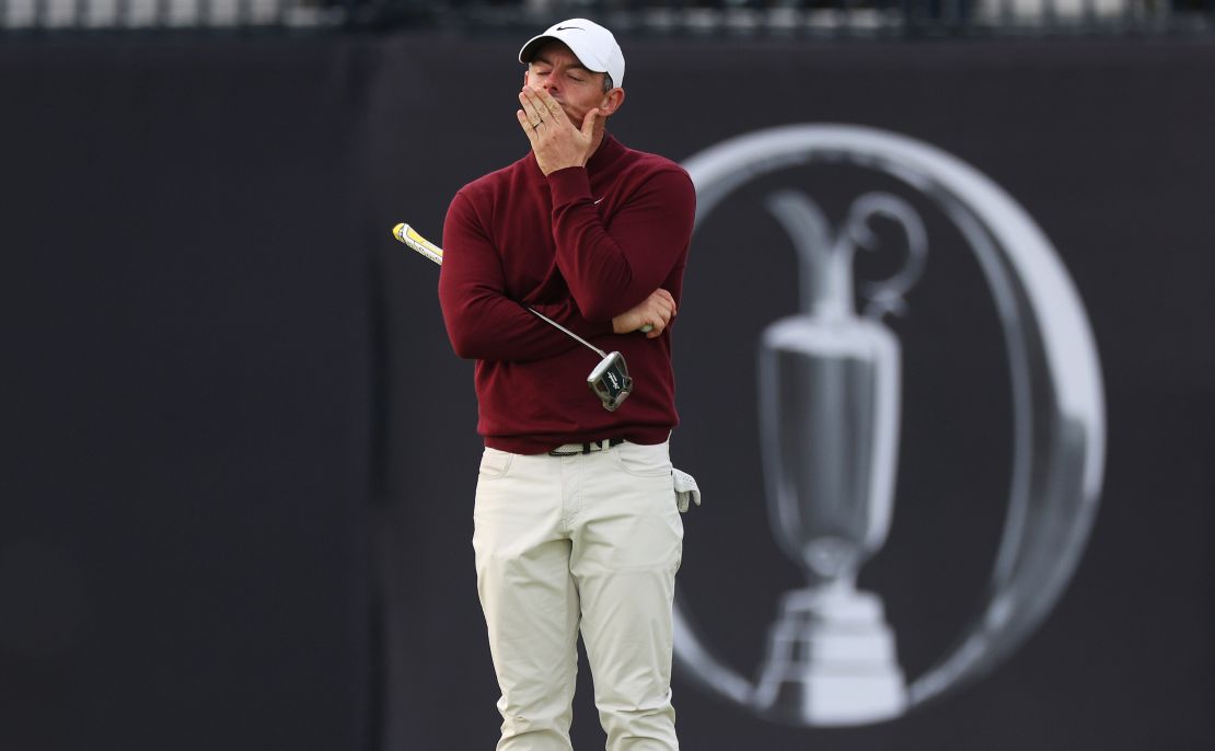 TROON, SCOTLAND - JULY 19: Rory McIlroy of Northern Ireland reacts on the 17th green during day two of The 152nd Open championship at Royal Troon on July 19, 2024 in Troon, Scotland. (Photo by Harry How/Getty Images)