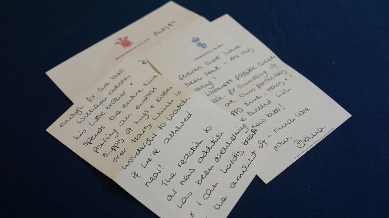 A series of handwritten letters sent by Diana, Princess of Wales, to housekeeper Violet Collison, which are going up for sale at Sworders Fine Art Auctioneers in Stansted Mountfitchet, Essex, on July 30, alongside Christmas cards from Diana and invitations to her wedding in 1981 and her 1997 funeral. Violet, who was affectionately known as Collie, was housekeeper at Park House on the Sandringham estate during Diana's childhood, and remained close to the Spencer family until her death in 2013. Picture date: Thursday July 25, 2024. (Photo by Joe Giddens/PA Images via Getty Images)