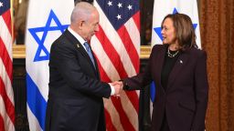 US Vice President Kamala Harris meets with Israeli Prime Minister Benjamin Netanyahu in the Vice President's ceremonial office at the Eisenhower Executive Office Building in Washington, DC, on July 25, 2024. (Photo by ROBERTO SCHMIDT / AFP) (Photo by ROBERTO SCHMIDT/AFP via Getty Images)
