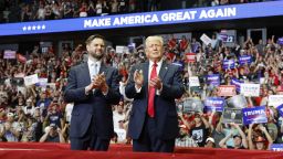 Republican presidential nominee, former U.S. President Donald Trump stands onstage with Republican vice presidential candidate, Sen. J.D. Vance (R-OH) during a campaign rally at the Van Andel Arena on July 20, 2024 in Grand Rapids, Michigan.