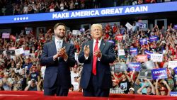 GRAND RAPIDS, MICHIGAN - JULY 20: Republican presidential nominee, former U.S. President Donald Trump stands onstage with Republican vice presidential candidate, Sen. J.D. Vance (R-OH) during a campaign rally at the Van Andel Arena on July 20, 2024 in Grand Rapids, Michigan. Trump's campaign event is the first joint event with Vance and the first campaign rally since the attempted assassination attempt his rally in Butler, Pennsylvania.  (Photo by Anna Moneymaker/Getty Images)