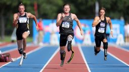 Hunter Woodhall competes in the Men 100 M 62.64 on Day 3 of the 2024 U.S. Paralympics Team Trials on July 20, 2024 at the Ansin Sports Complex in Miramar, Florida.