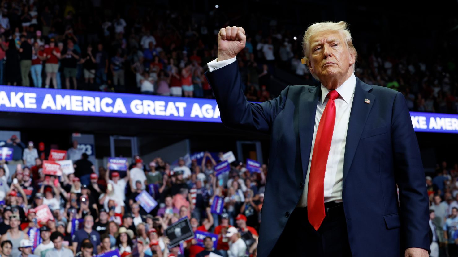 Former President Donald Trump walks offstage after speaking at a campaign rally in Grand Rapids, Michigan, on July 20, 2024.