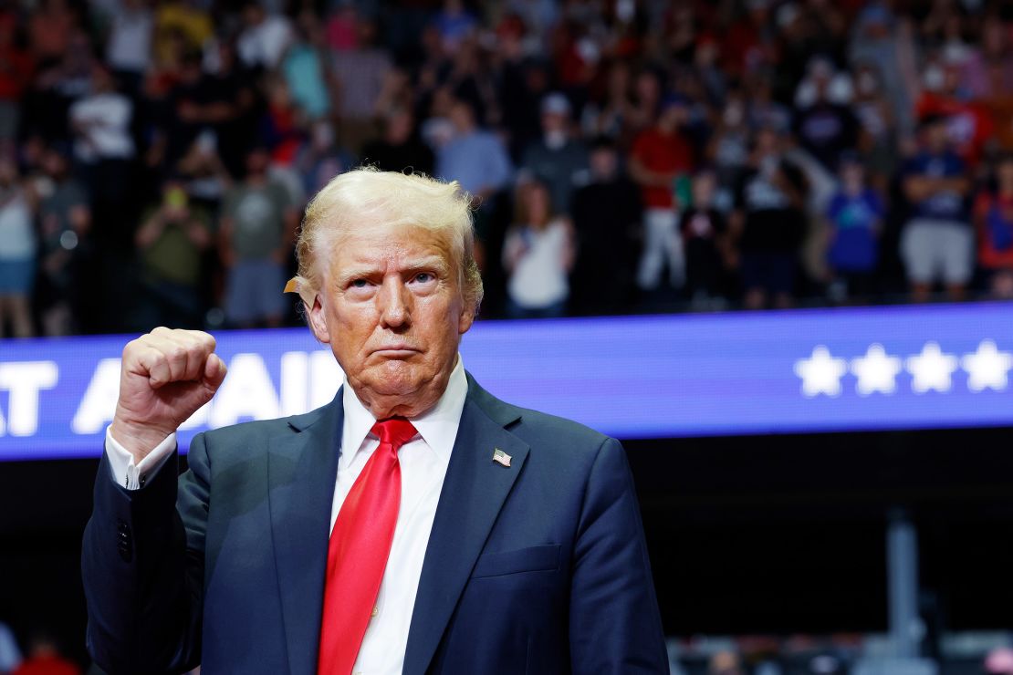 Former President Donald Trump speaks during a campaign rally at the Van Andel Arena on July 20, 2024, in Grand Rapids, Michigan.