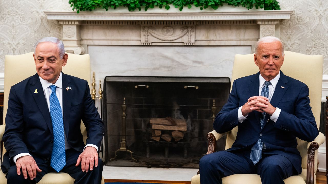 WASHINGTON, DC July 25, 2024: US President Joe Biden with Prime Minister of Israel Benjamin Netanyahu during a bilateral meeting in the Oval Office of the White House on Thursday, July 25, 2024. (Photo by Demetrius Freeman/The Washington Post via Getty Images)