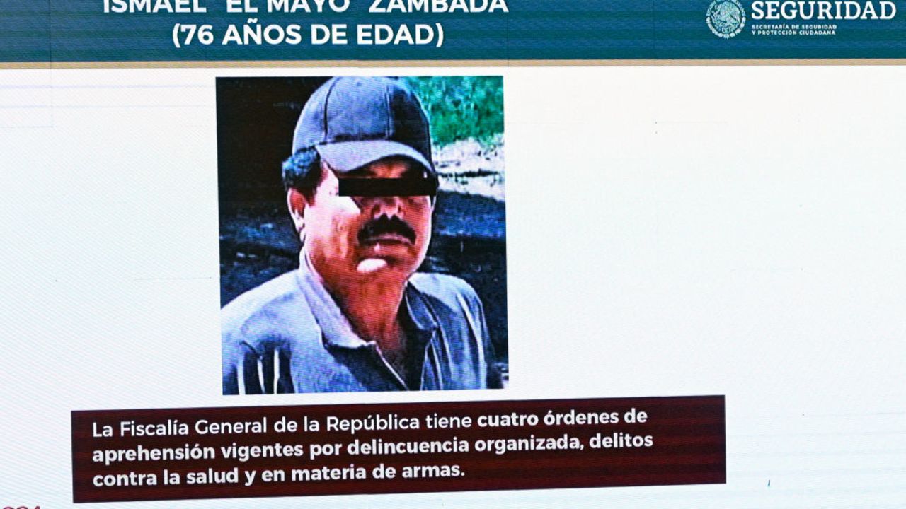 A picture of Sinaloa cartel co-founder, Mexican drug trafficker Ismael "Mayo" Zambada, is seen on screen during Mexican President Andres Manuel Lopez Obrador's usual morning press conference at the National Palace in Mexico City on July 26, 2024. Mexican authorities did not participate in the arrest of Ismael "Mayo" Zambada, co-founder of the Sinaloa cartel, and a son of Joaquin "El Chapo" Guzman, carried out on July 25 in Texas by US authorities, the Mexican Security Secretary announced on Friday. (Photo by ALFREDO ESTRELLA / AFP) (Photo by ALFREDO ESTRELLA/AFP via Getty Images)