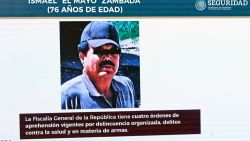 A picture of Sinaloa cartel co-founder, Mexican drug trafficker Ismael "Mayo" Zambada, is seen on screen during Mexican President Andres Manuel Lopez Obrador's usual morning press conference at the National Palace in Mexico City on July 26, 2024. Mexican authorities did not participate in the arrest of Ismael "Mayo" Zambada, co-founder of the Sinaloa cartel, and a son of Joaquin "El Chapo" Guzman, carried out on July 25 in Texas by US authorities, the Mexican Security Secretary announced on Friday. (Photo by ALFREDO ESTRELLA / AFP) (Photo by ALFREDO ESTRELLA/AFP via Getty Images)