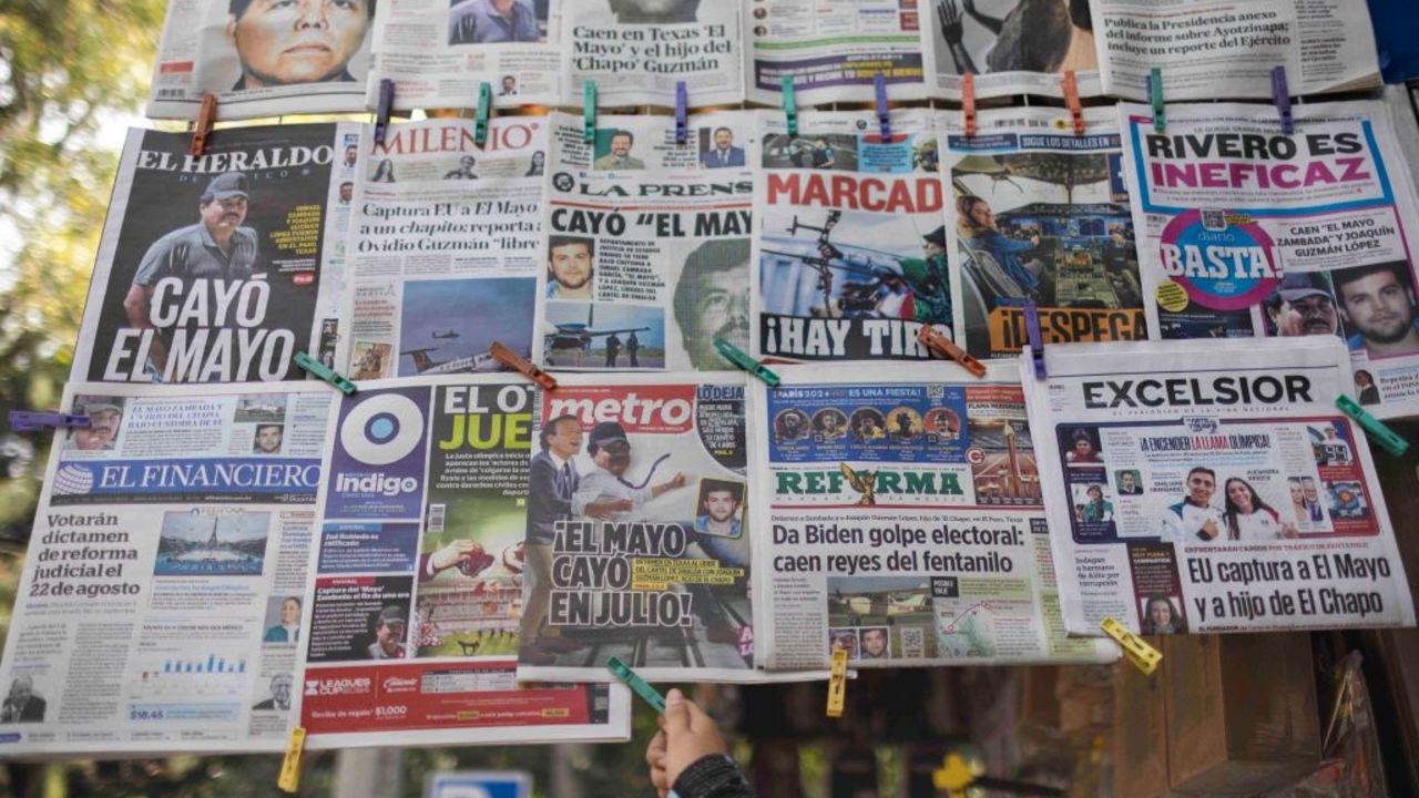 View of the front pages of Mexican newspapers showing the news of the capture of  Ismael "El Mayo" Zambada, in Mexico City, Mexico on July 26, 2024. Mexican authorities reported that they had no participation in the arrest of Ismael "Mayo" Zambada, co-founder of the Sinaloa cartel, and of a son of Joaquin "El Chapo" Guzman, carried out on July 25 in Texas by US authorities. (Photo by Rodrigo Oropeza / AFP) (Photo by RODRIGO OROPEZA/AFP via Getty Images)