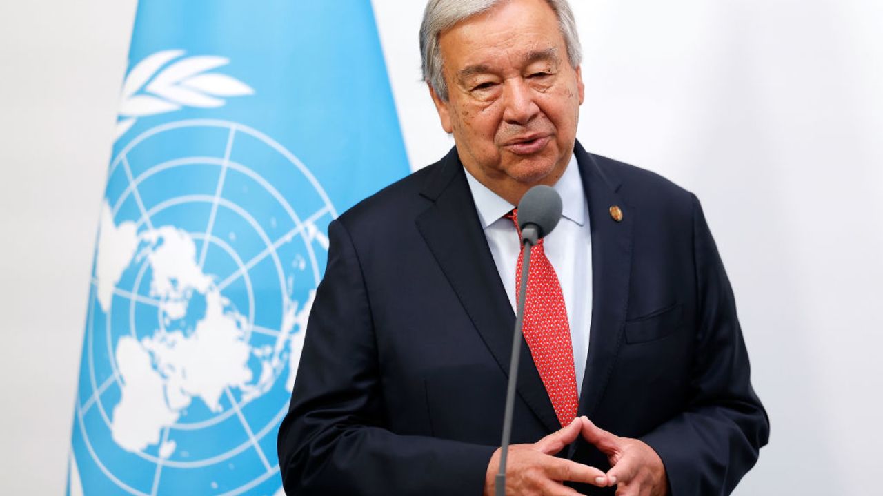 PARIS, - JULY 26: UN Secretary-General Antonio Guterres meets with International Olympic Committee (IOC) President Thomas Bach (unseen) prior to the Opening Ceremony of the Olympic Games Paris 2024 on July 26, 2024 in Paris, . (Photo by Wang Lili - Pool/Getty Images)