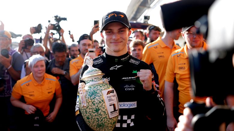 BUDAPEST, HUNGARY - JULY 21: Race winner Oscar Piastri of Australia and McLaren poses for a photo with his trophy after the F1 Grand Prix of Hungary at Hungaroring on July 21, 2024 in Budapest, Hungary. (Photo by Dean Mouhtaropoulos/Getty Images)