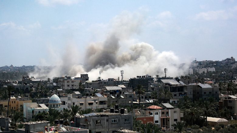 Smoke rises during an Israeli strike in Deir el-Balah in the central Gaza Strip on July 27, 2024, amid the ongoing conflict between Israel and the Palestinian militant group Hamas.