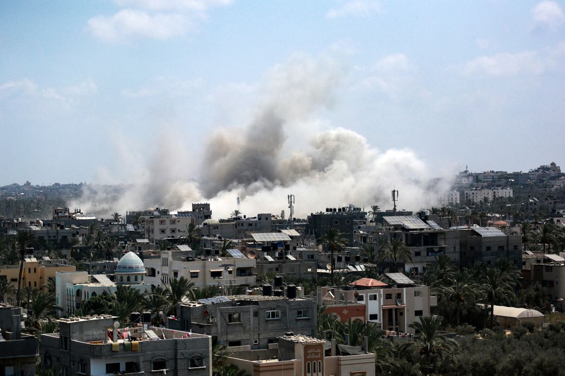 Smoke rises during an Israeli strike in Deir el-Balah in the central Gaza Strip on July 27, 2024.