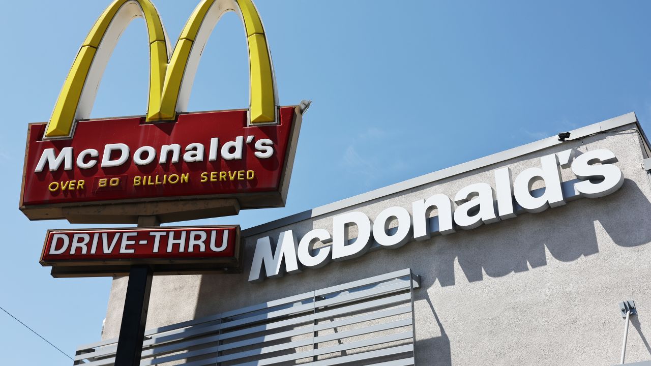 BURBANK, CALIFORNIA - JULY 22: The McDonald's logo is displayed at a McDonald's restaurant on July 22, 2024 in Burbank, California. McDonald’s is extending its $5 meal deal in most U.S. restaurants past its initial four-week offering with the fast-food icon saying the offer has driven customers back to its restaurants. (Photo by Mario Tama/Getty Images)