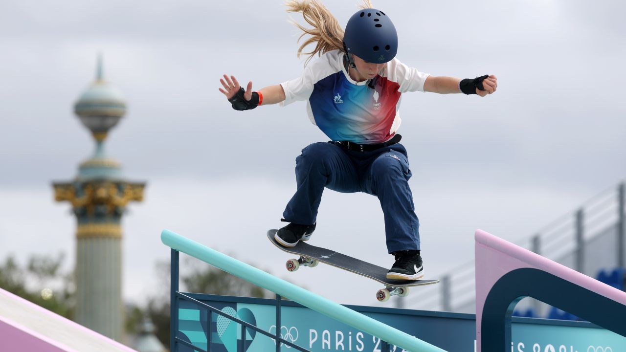 PARIS, FRANCE - JULY 23: Lucie Schoonheere of Team France practices Skateboarding Street at La Concorde ahead of the Paris Olympic Games on July 23, 2024 in Paris, France. (Photo by Lars Baron/Getty Images)