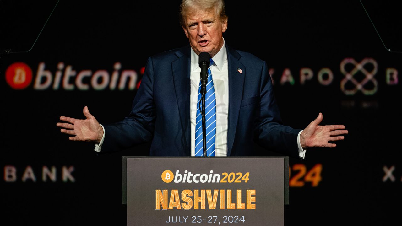 NASHVILLE, TENNESSEE - JULY 27: Former President and 2024 Republican presidential candidate Donald Trump gestures while giving a keynote speech on the third day of the Bitcoin 2024 conference at Music City Center July 27, 2024 in Nashville, Tennessee. The conference, which is aimed at bitcoin enthusiasts, features multiple vendor and entertainment spaces and seminars by celebrities and politicians. (Photo by Jon Cherry/Getty Images)