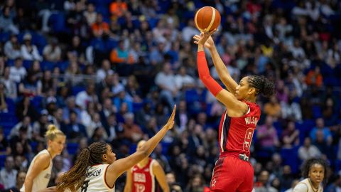 A'ja Wilson of the United States shoots while defended by Nyara Sabally of Germany during the USA V Germany, USA basketball showcase Women's basketball match in preparation for the Paris Olympic Games at The O2 Arena in London, England on July 23rd, 2024.