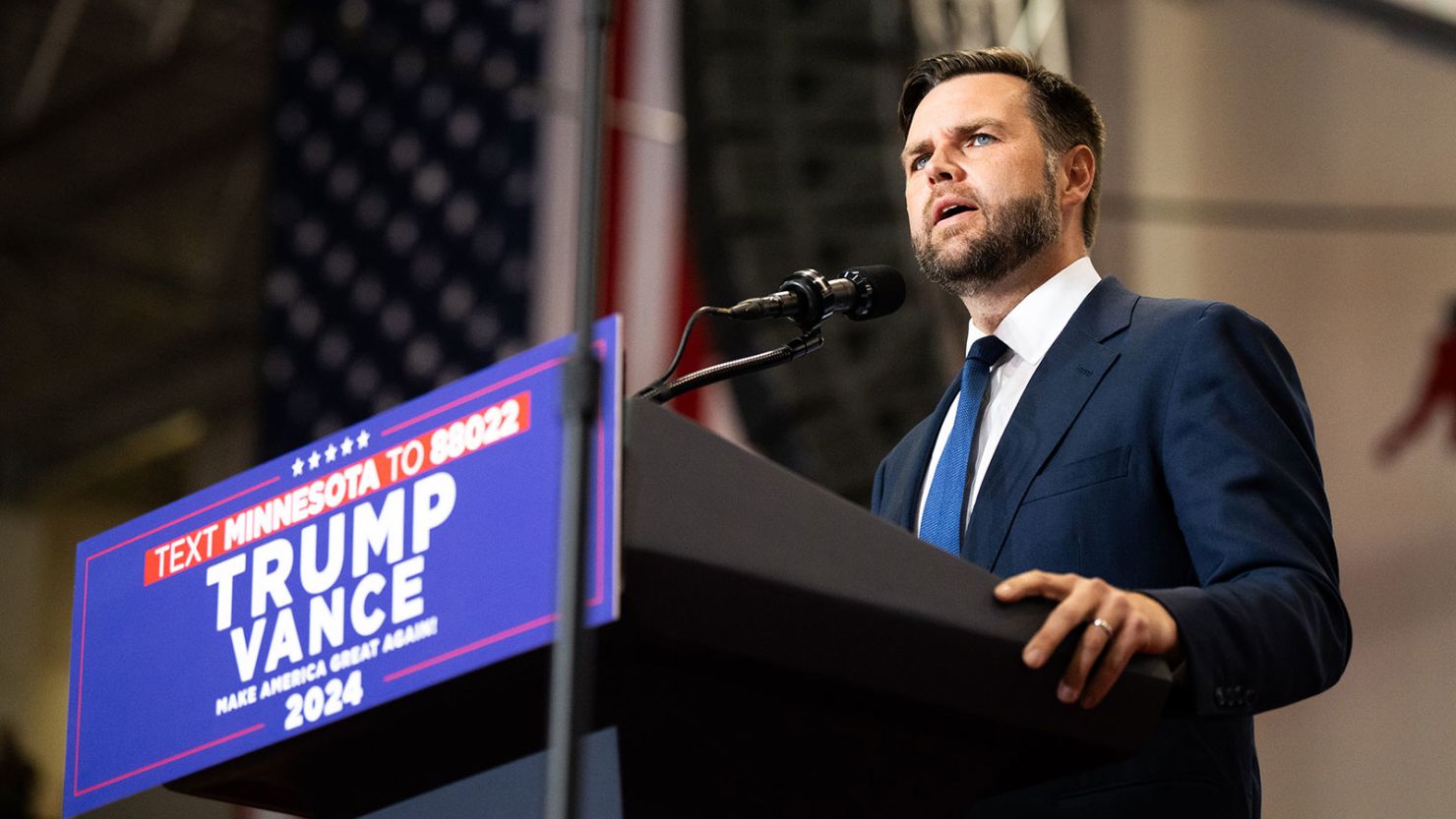 Republican vice presidential nominee US Sen. JD Vance (R-OH) speaks during a rally on July 27, 2024, in St. Cloud, Minnesota.