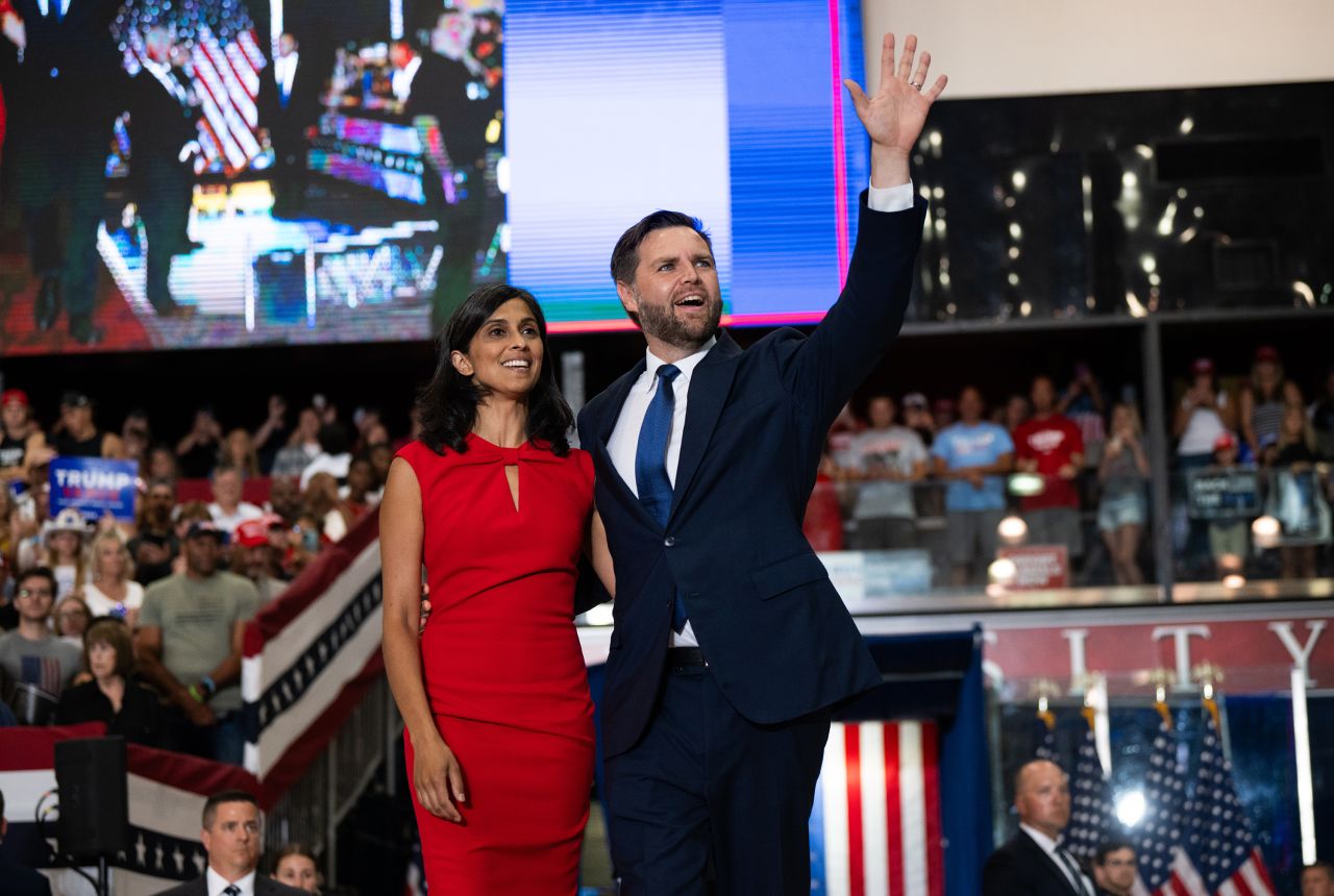 Sen. JD Vance and his wife Usha Vance take the stage during a rally in St. Cloud, Minnesota, on July 27.