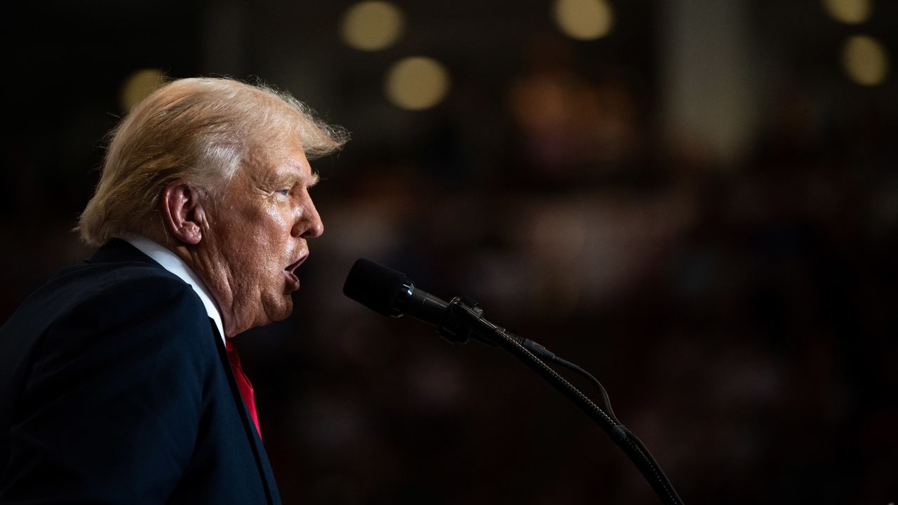 Republican Presidential nominee former President Donald Trump speaks during a rally at Herb Brooks National Hockey Center in St Cloud, Minnesota on July 27, 2024. The state of Minnesota hasn't been carried by a Republican in a presidential election since 1972.