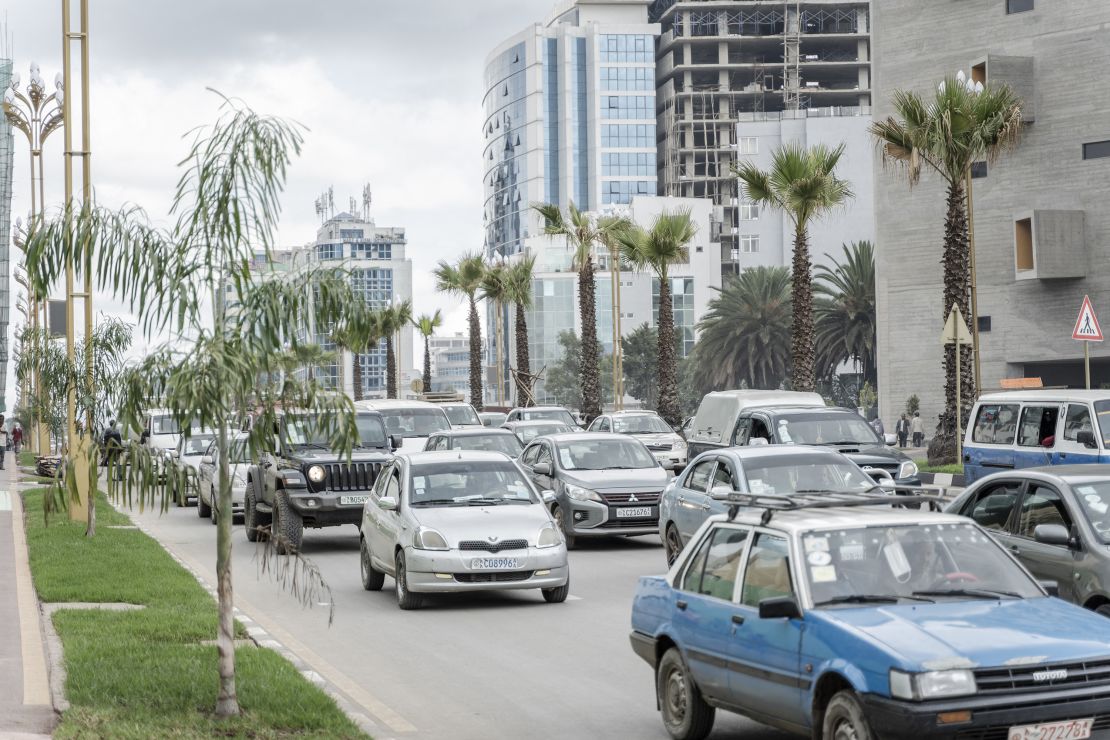 Cars drive past the newly planted trees and light installations in Addis Ababa, Ethiopia, on July 27, 2024. Addis Ababa's urban renewal brings modern infrastructure and new challenges, with heavy fines for traffic violations and new regulations. (Photo by Amanuel Sileshi / AFP) (Photo by AMANUEL SILESHI/AFP via Getty Images)