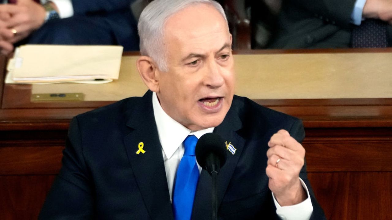 WASHINGTON, DC - JULY 24:  Israeli Prime Minister Benjamin Netanyahu addresses a joint meeting of Congress in the chamber of the House of Representatives at the U.S. Capitol on July 24, 2024 in Washington, DC. Netanyahu’s visit occurs as the Israel-Hamas war reaches nearly ten months. A handful of Senate and House Democrats boycotted the remarks over Israel’s treatment of Palestine. (Photo by Kent Nishimura/Getty Images)