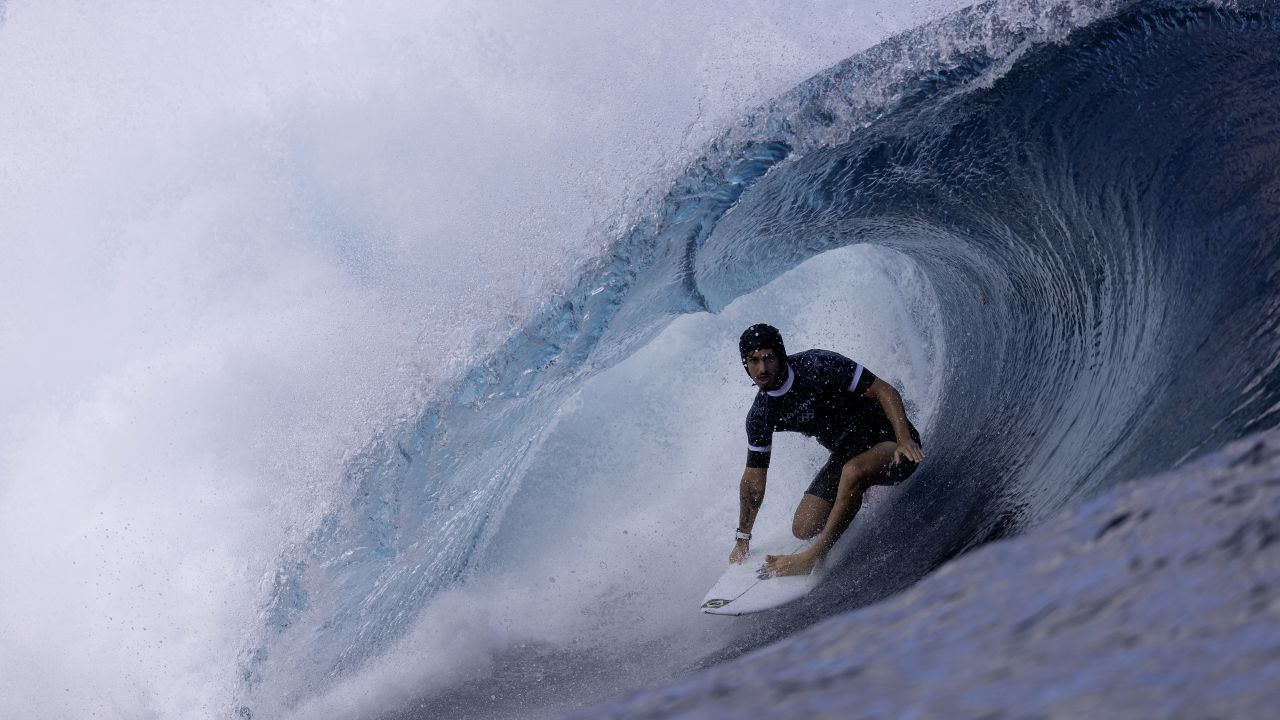 TEAHUPO'O, FRENCH POLYNESIA - JULY 24: Joao Chianca of Team Brazil rides a wave during a Surfing Training Session ahead of the Olympic Games Paris 2024 on July 24, 2024 in Teahupo'o, French Polynesia. (Photo by Sean M. Haffey/Getty Images)