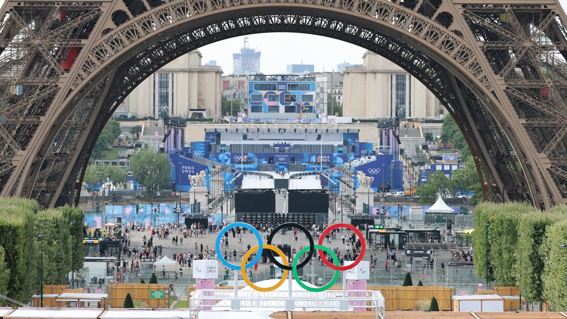 PARIS, FRANCE - JULY 24: A view of Trocadero Square, the venue for the Paris Olympics opening ceremony, with the Eiffel Tower in the background, on July 24, 2024 in Paris, France. (Photo by Sheng Jiapeng/China News Service/VCG via Getty Images)