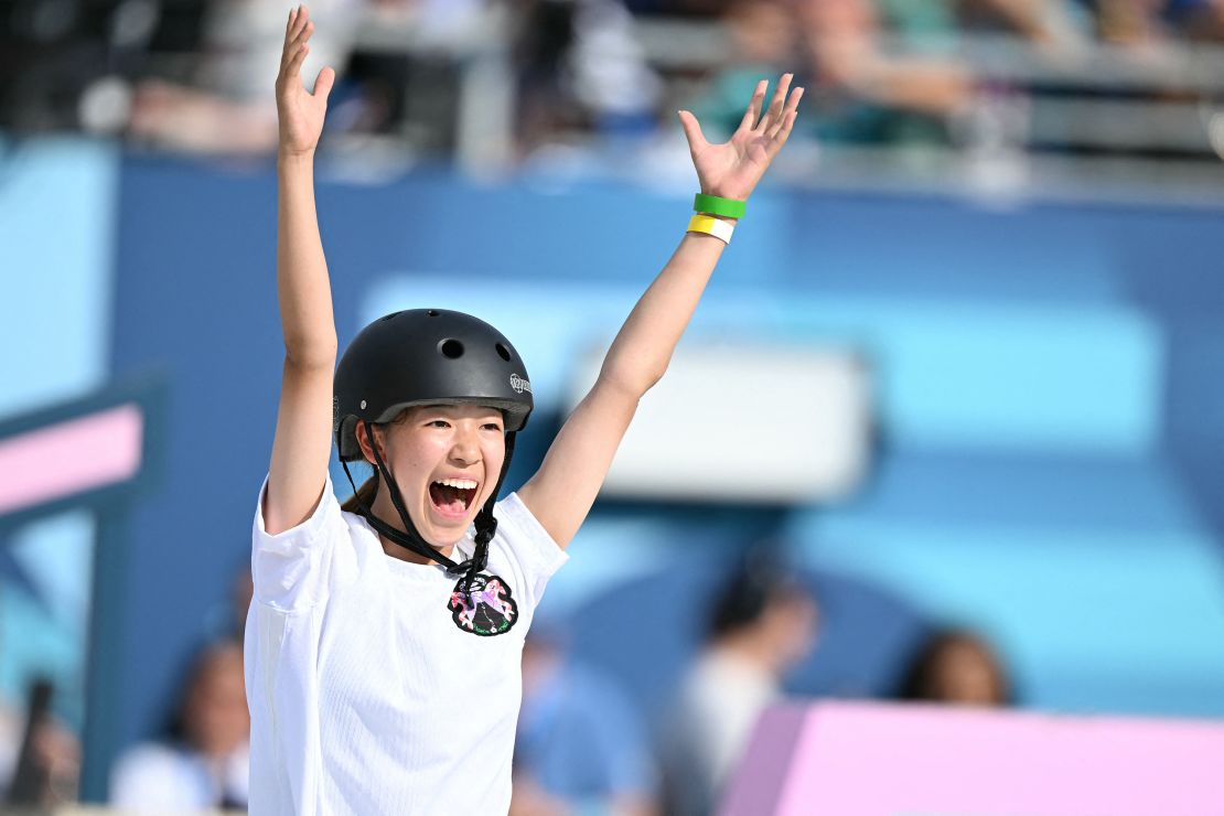 TOPSHOT - Japan's Coco Yoshizawa celebrates winning the women's street skateboarding final during the Paris 2024 Olympic Games at La Concorde in Paris on July 28, 2024. (Photo by Kirill KUDRYAVTSEV / AFP) (Photo by KIRILL KUDRYAVTSEV/AFP via Getty Images)