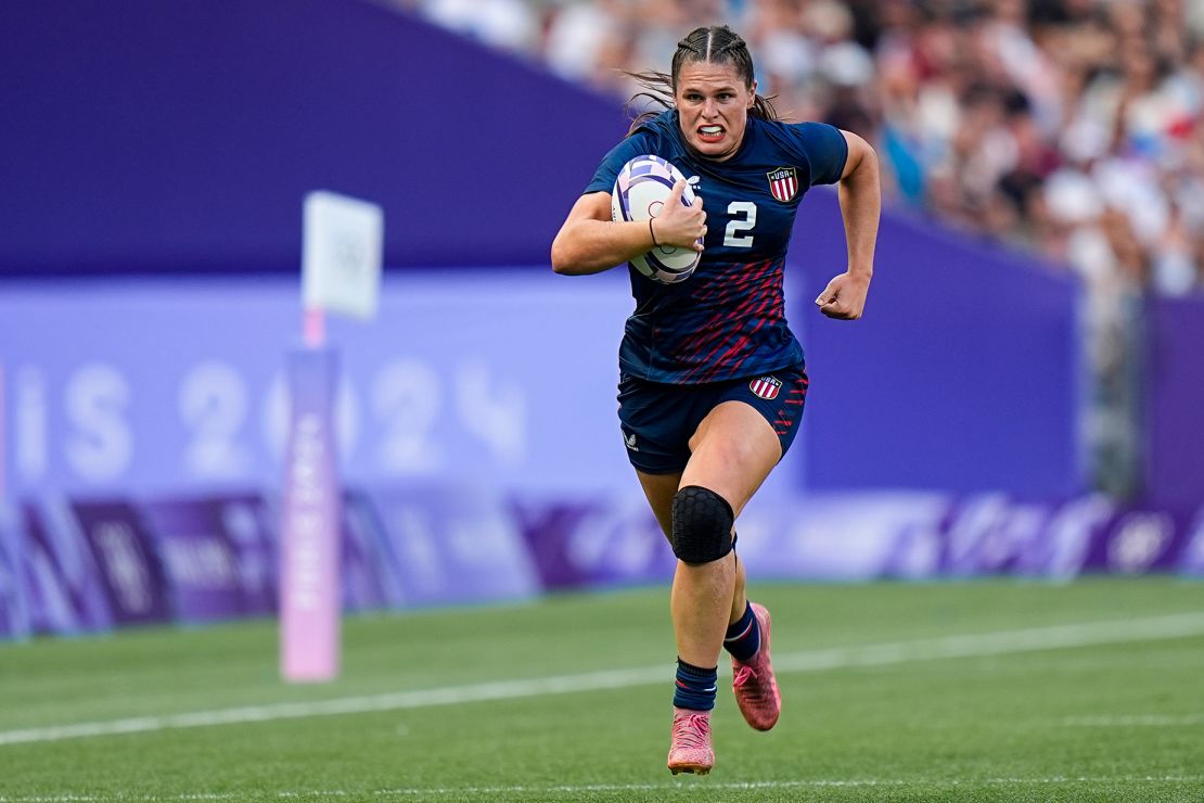 Ilona Maher competes in rugby sevens on July 28 at the Paris Olympics.