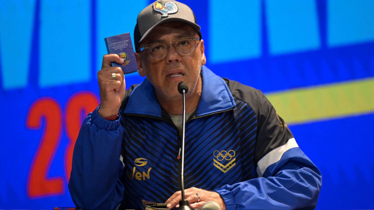 The president of the National Assembly and campaign manager of Venezuelan President Nicolas Maduro, Jorge Rodriguez speaks during a press conference in Caracas on July 28, 2024. Millions of Venezuelans voted Sunday in a fraught presidential election, with socialist incumbent Nicolas Maduro facing the biggest challenge yet to his party's 25-year hold on power. (Photo by Yuri CORTEZ / AFP) (Photo by YURI CORTEZ/AFP via Getty Images)