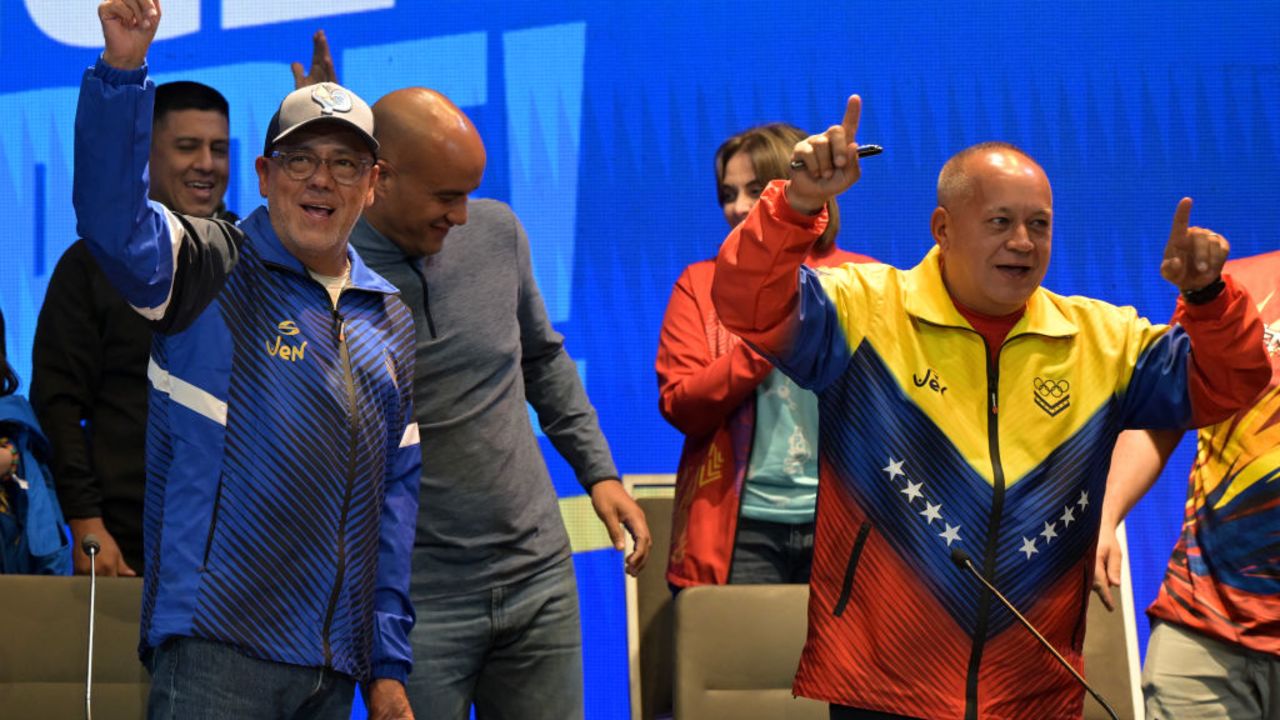 The president of the National Assembly and campaign manager of Venezuelan President Nicolas Maduro, Jorge Rodriguez (L), and Deputy of the National Assembly Diosdado Cabello gesture after a press conference in Caracas on July 28, 2024. Millions of Venezuelans voted Sunday in a fraught presidential election, with socialist incumbent Nicolas Maduro facing the biggest challenge yet to his party's 25-year hold on power. (Photo by Yuri CORTEZ / AFP) (Photo by YURI CORTEZ/AFP via Getty Images)