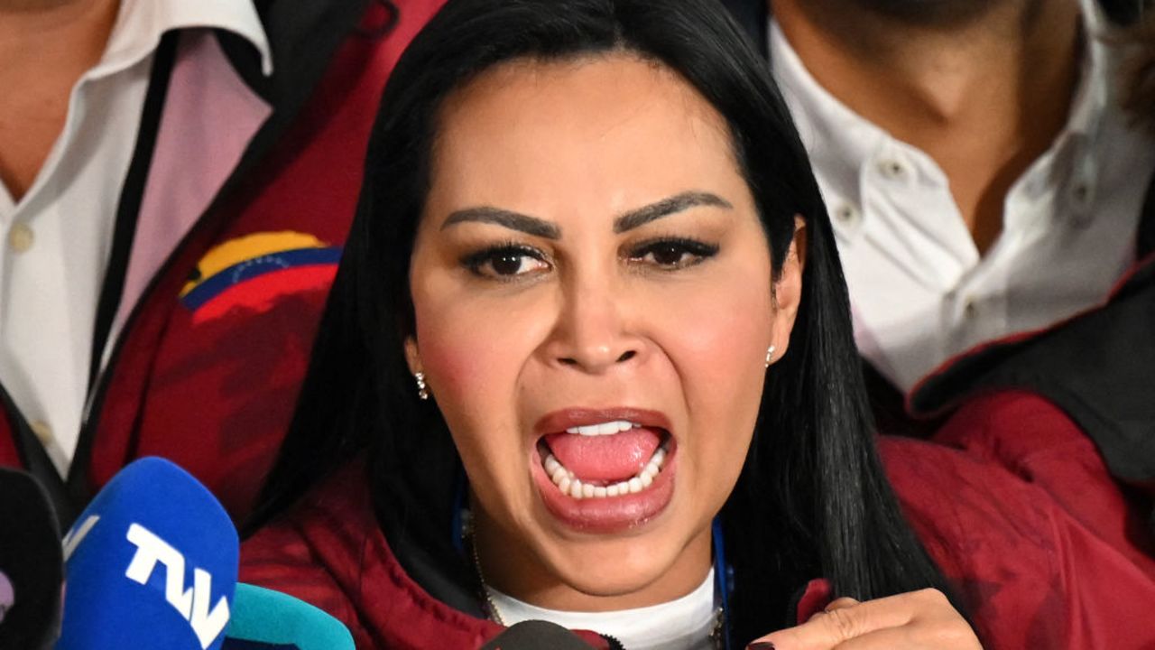 Delsa Solorzano, leader of the opposition Encuentro ciudadano party, speaks with the media as she waits for the presidential election results in Caracas on July 28, 2024. With bated breath, Venezuela awaited the results Sunday of a fraught presidential election in which socialist incumbent Nicolas Maduro faced the biggest challenge yet to his party's 25-year hold on power. (Photo by RAUL ARBOLEDA / AFP) (Photo by RAUL ARBOLEDA/AFP via Getty Images)