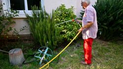 An old man elderly waters his garden in the hot weather of the heatwave, in Hyeres, on July 27, 2024. (Photo by Magali Cohen / Hans Lucas / Hans Lucas via AFP) (Photo by MAGALI COHEN/Hans Lucas/AFP via Getty Images)