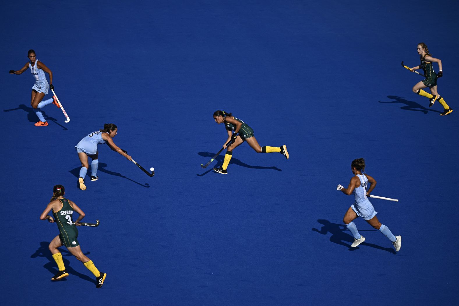 Argentina's Juana Castellaro Morello plays the ball during a field hockey match against South Africa on July 29.