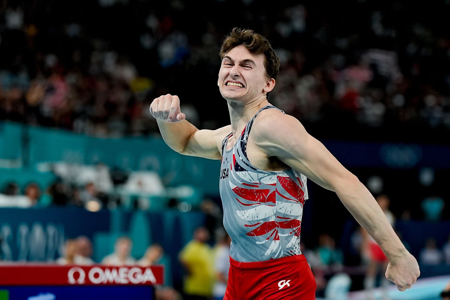 American gymnast Stephen Nedoroscik celebrates after his pommel horse performance on July 29. Nedoroscik, nicknamed the “Clark Kent” of Team USA for his bespectacled appearance before competing, would later <a href="https://www.cnn.com/sport/live-news/paris-olympics-news-2024-08-03#h_60cd16433630c675f20d9dbb8a2f2181">win a second bronze medal</a> in the individual pommel horse event.