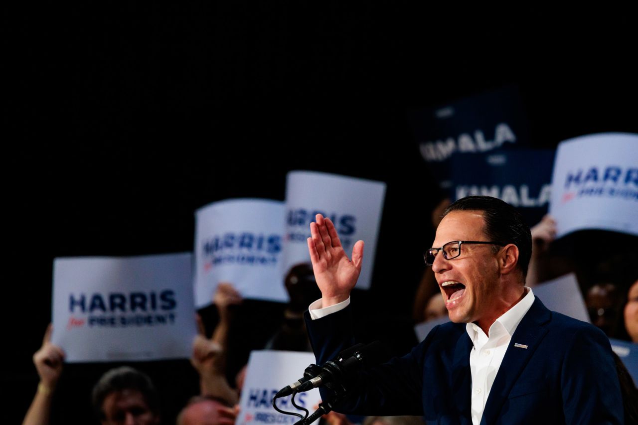 Pennsylvania Governor Josh Shapiro speaks during a campaign rally for Vice President Kamala Harris on July 29 in Ambler, Pennsylvania.