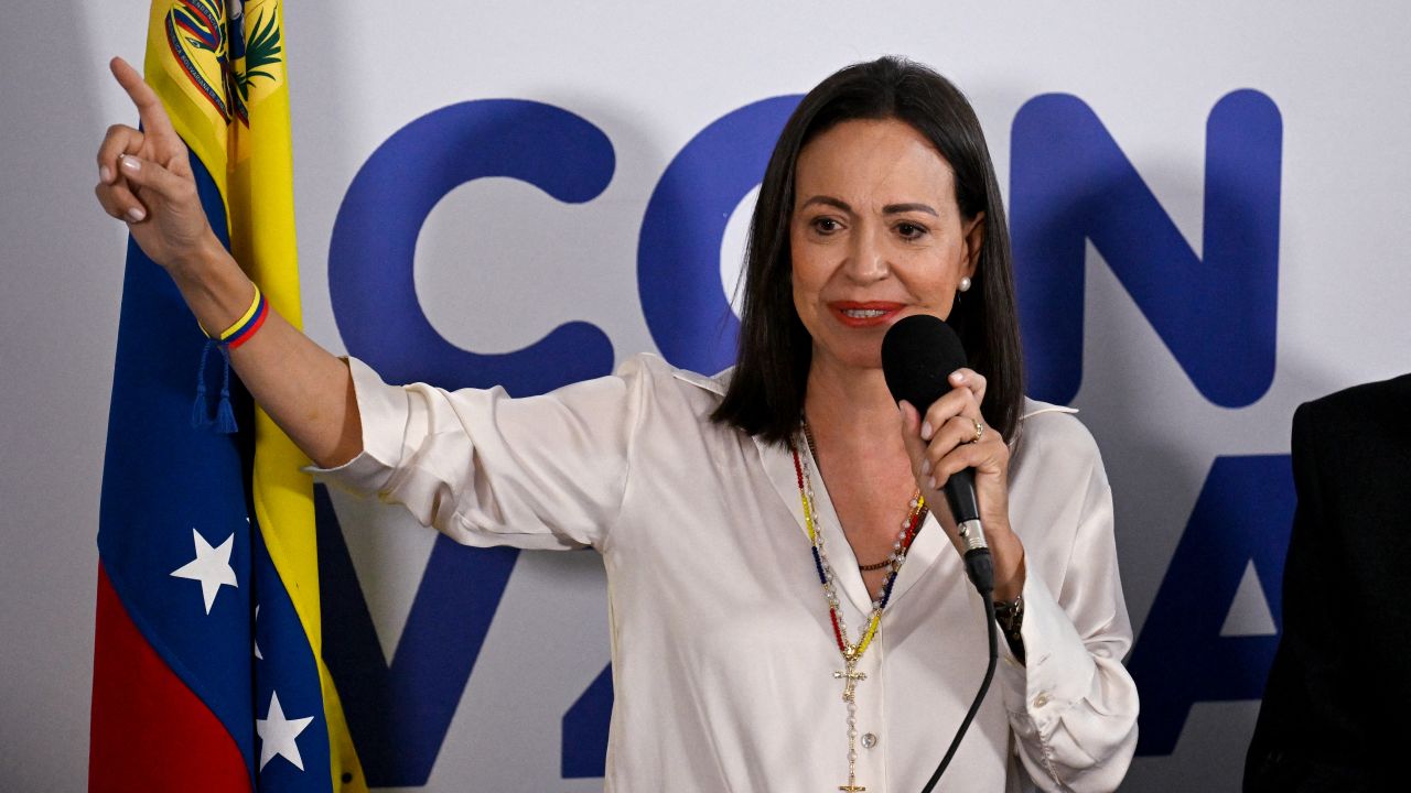 Venezuelan opposition leader Maria Corina Machado talks to the media in Caracas on July 29, 2024, a day after the Venezuelan presidential election. Protests erupted in parts of Caracas Monday against the re-election victory claimed by Venezuelan President Nicolas Maduro but disputed by the opposition and questioned internationally, AFP journalists observed. (Photo by JUAN BARRETO / AFP) (Photo by JUAN BARRETO/AFP via Getty Images)