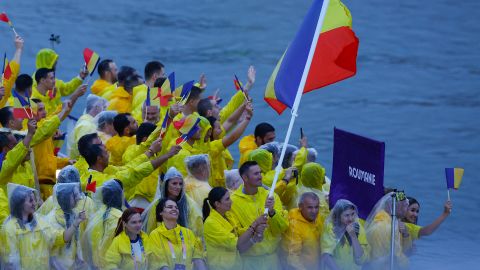 The delegation of Romania on a boat on the Seine River during the opening ceremony of the Paris 2024 Olympics Games on July 26.