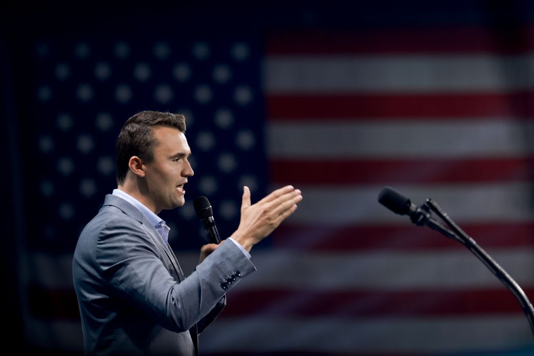 Charlie Kirk speaks before former President Donald Trump's arrival during a Turning Point USA Believers Summit conference at the Palm Beach Convention Center in Palm Beach, Florida, on July 26, 2024.