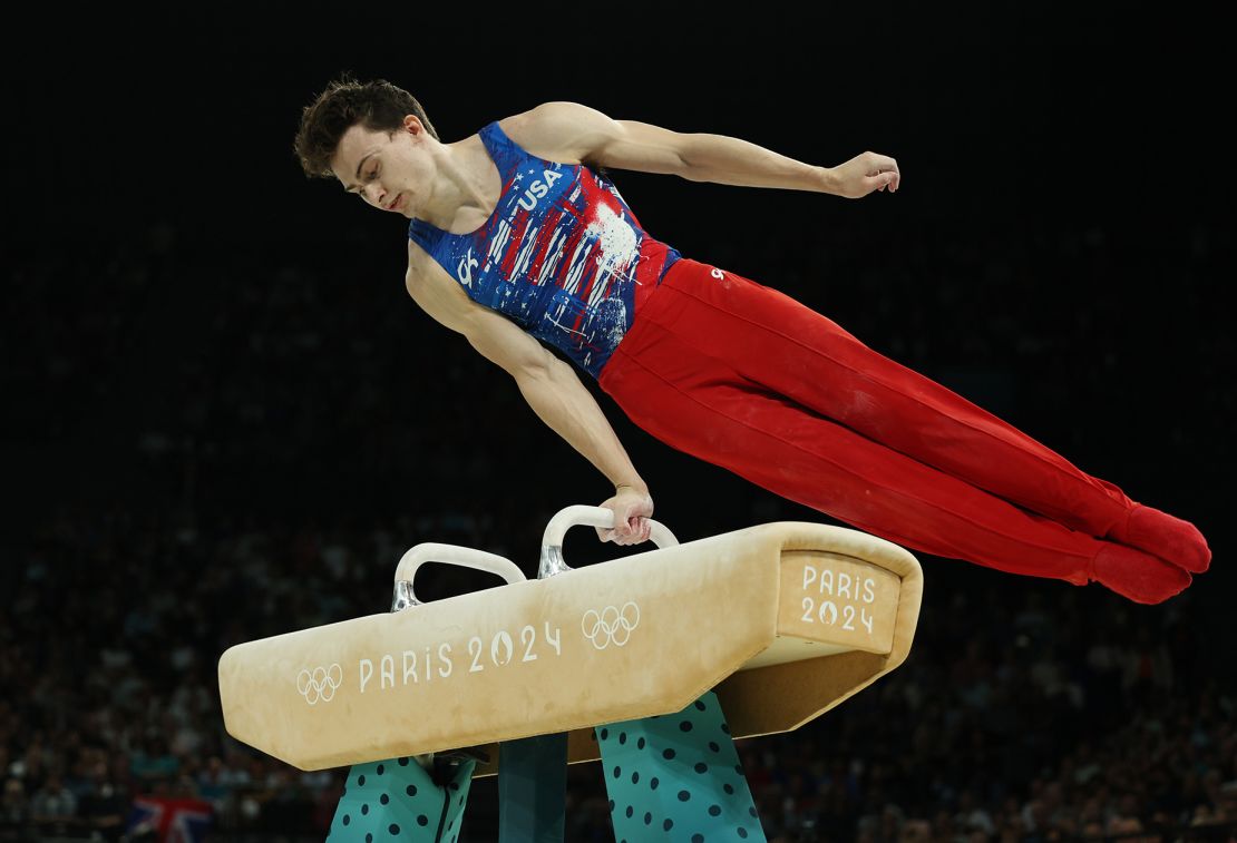 Stephen Nedoroscik competes on the pommel horse during the men's artistic gymnastics qualifier on day one of the Olympic Games in Paris.