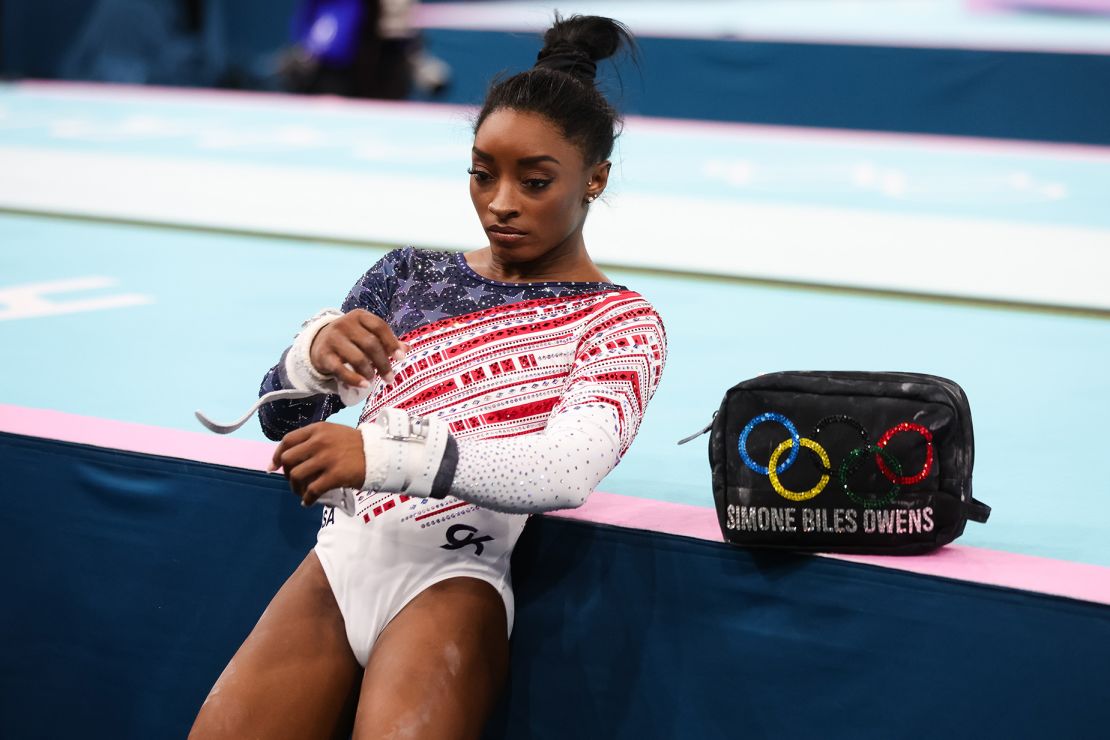 Simone Biles of Team USA was spotted with a personalized bejewelled bag.