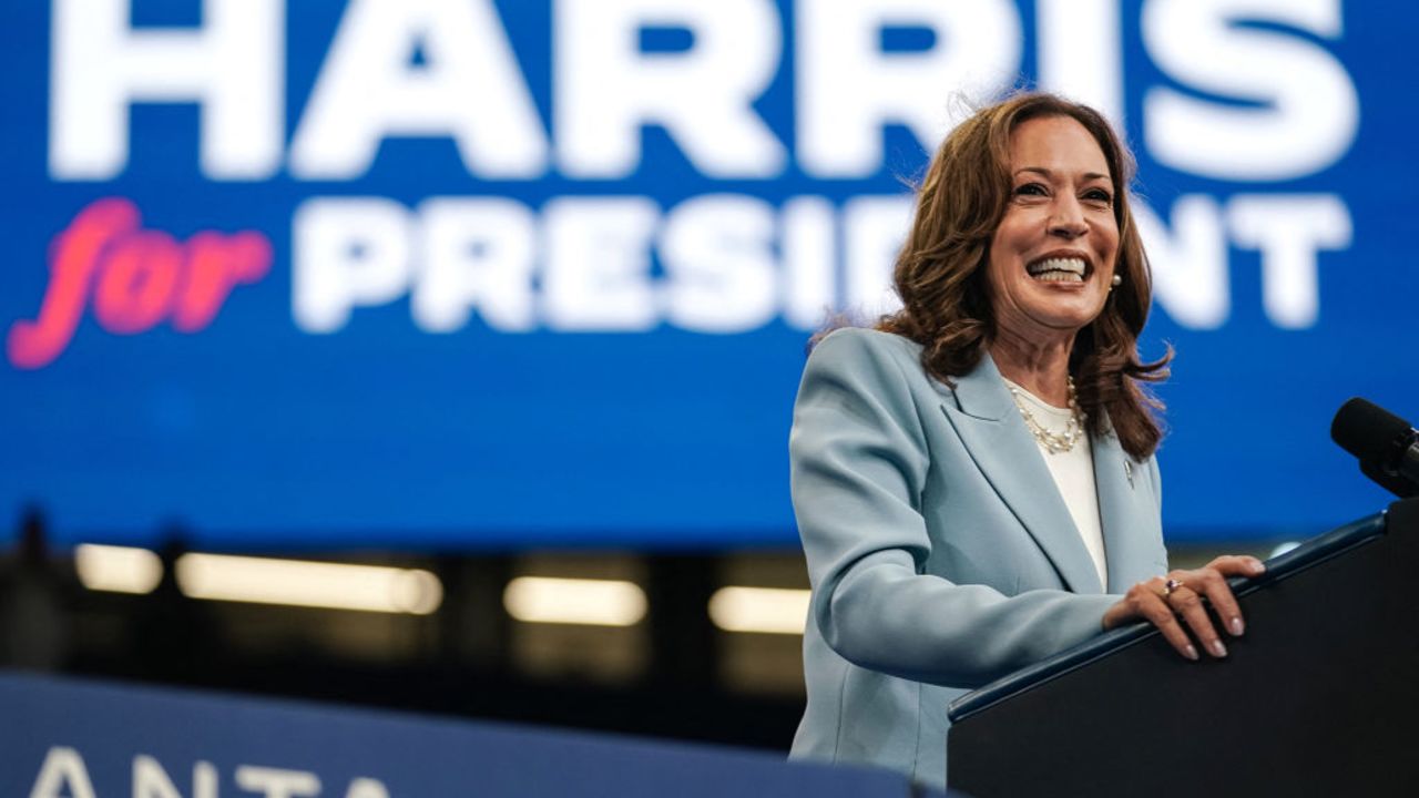 TOPSHOT - US Vice President and 2024 Democratic presidential candidate Kamala Harris speaks at a campaign rally in Atlanta, Georgia, on July 30, 2024. (Photo by Elijah Nouvelage / AFP) (Photo by ELIJAH NOUVELAGE/AFP via Getty Images)